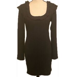 Women's Black Cable knit Mini Sweater Dress Ruffled Collar Textured New Medium